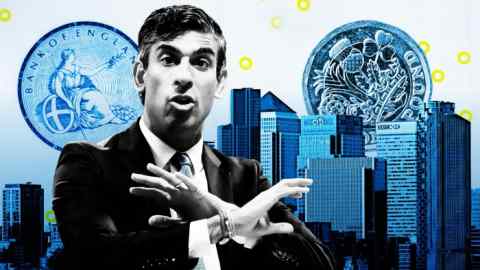A montage of Rishi Sunak, a city skyline, the Bank of England seal and a UK pound coin