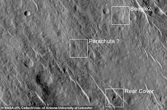 Released in 2015, this image from NASA's Mars Reconnaissance Orbiter shows the remains of Beagle 2, which landed safely but two of its four solar panels failed to deploy, blocking the spacecraft's communications antenna