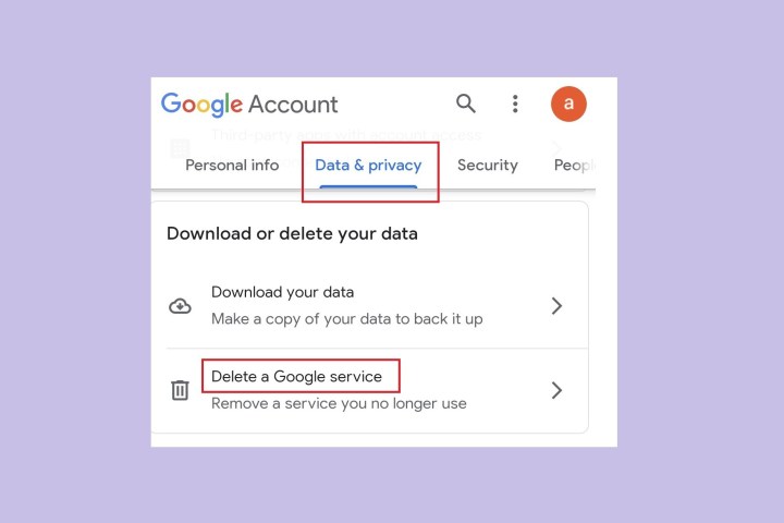 The Data and Privacy section of Google account settings on Android.