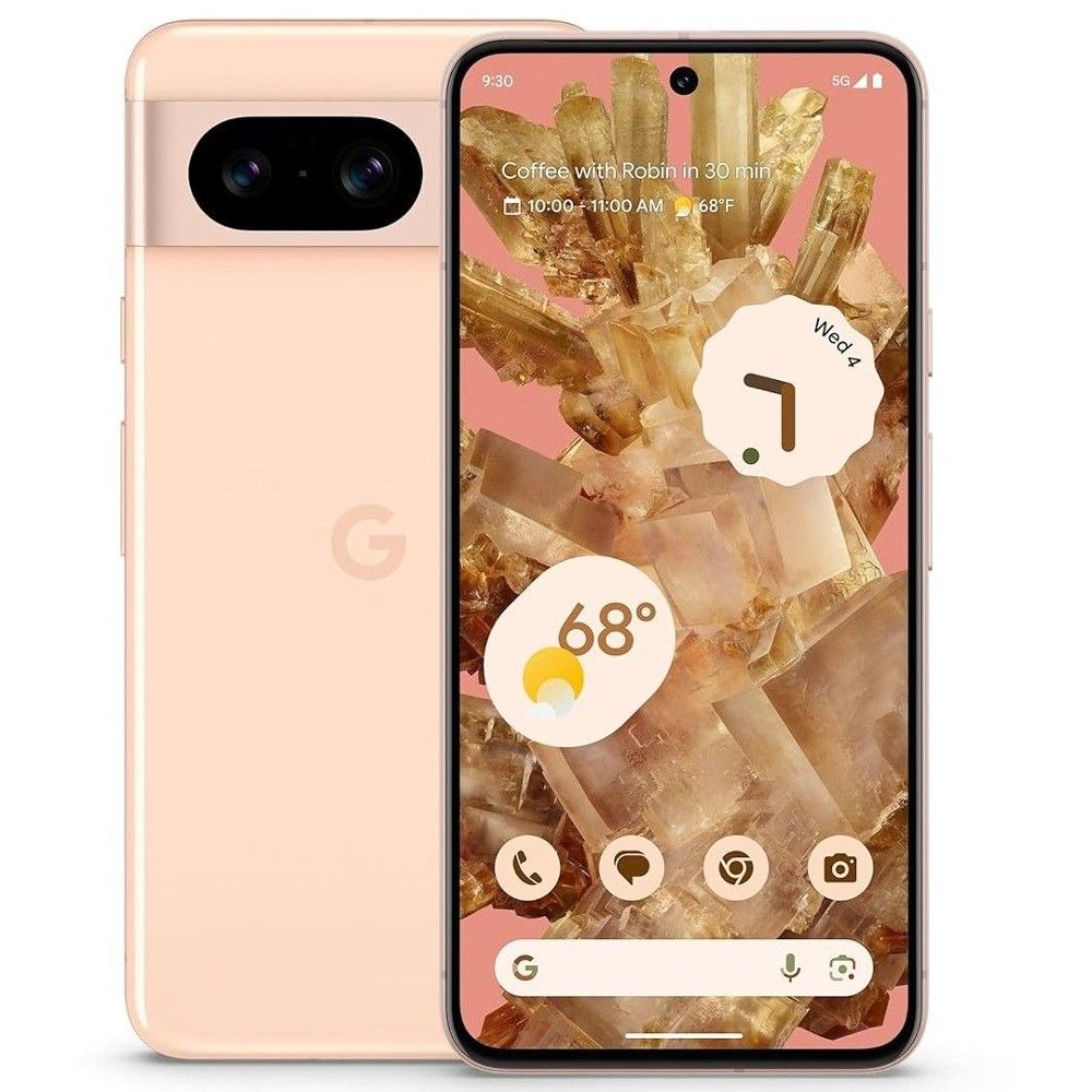 Google Pixel 8 in Rose, displaying front and back against a white background