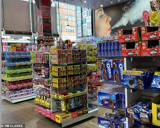 Prime Candy on Oxford Street, where MailOnline found huge vape displays alongside many different types of American sweets