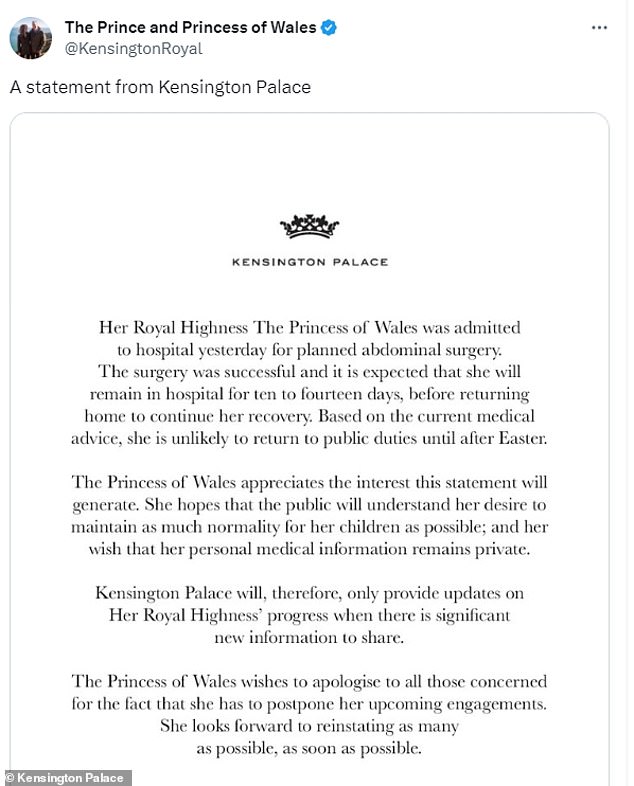 Kensington Palace announced in January that the Princess of Wales had abdominal surgery