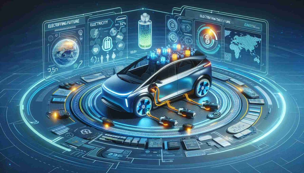 A high-definition, realistic image displaying the futuristic concept of electrifying the future with Sodium Ion Batteries. This picture should reflect the innovative technology's potential in making electric vehicles more affordable. A visual representation of an electric vehicle equipped with sodium ion batteries and carefully designed infographics surrounding it to explain its efficiency, cost-effectiveness, and sustainability. Colors like blue and yellow should dominate the scene to represent electricity and sodium respectively.