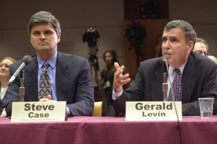 America Online chair Steve Case, left, and Gerald Levin at a hearing in 2000 