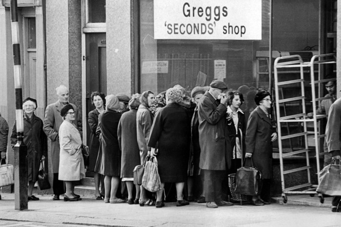Pensioners queue outside Greggs Seconds Shop, Westgate Road in 1974