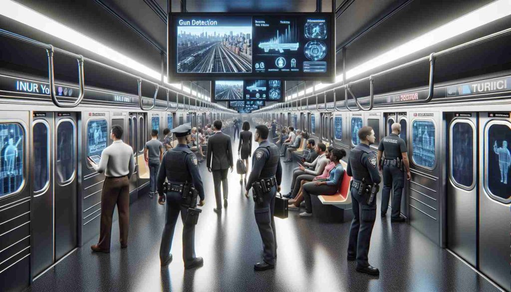 High-definition, realistic illustration of the concept of enhanced subway security. Consider a scene in New York subway where advanced AI technology is being used for gun detection. The system uses various monitors and screens showing artificial intelligence software in action, scanning for potential threats among passengers. This scene could include the presence of law enforcement officers examining these monitors, analyzing the AI's findings. People of different genders and descents are present, peacefully commuting, while law enforcement ensures their protection through technology.