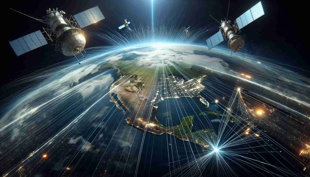 Generate a high-definition and realistic image showing a scene related to the exploration and advancement in satellite internet technology, with particular emphasis on mainstream accessibility. The image should depict satellites in orbit around Earth, with beams of light illustrating the internet connectivity. Also, portray the view of Earth from space, showing different continents to signify global coverage. Finally, include a visual representation of data flow and transmission like streaks of light or illustrated data packets.