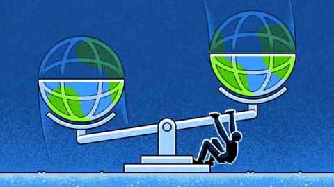 Matt Kenyon illustration of the scales of justice holding a globe on each side, with a person pulling the higher side down to balance them