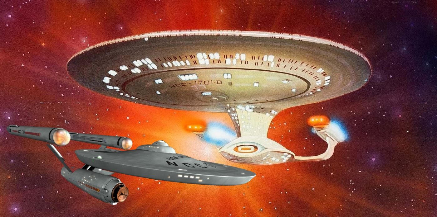 A composite image of two versions of the Enterprise flying in space from Star Trek