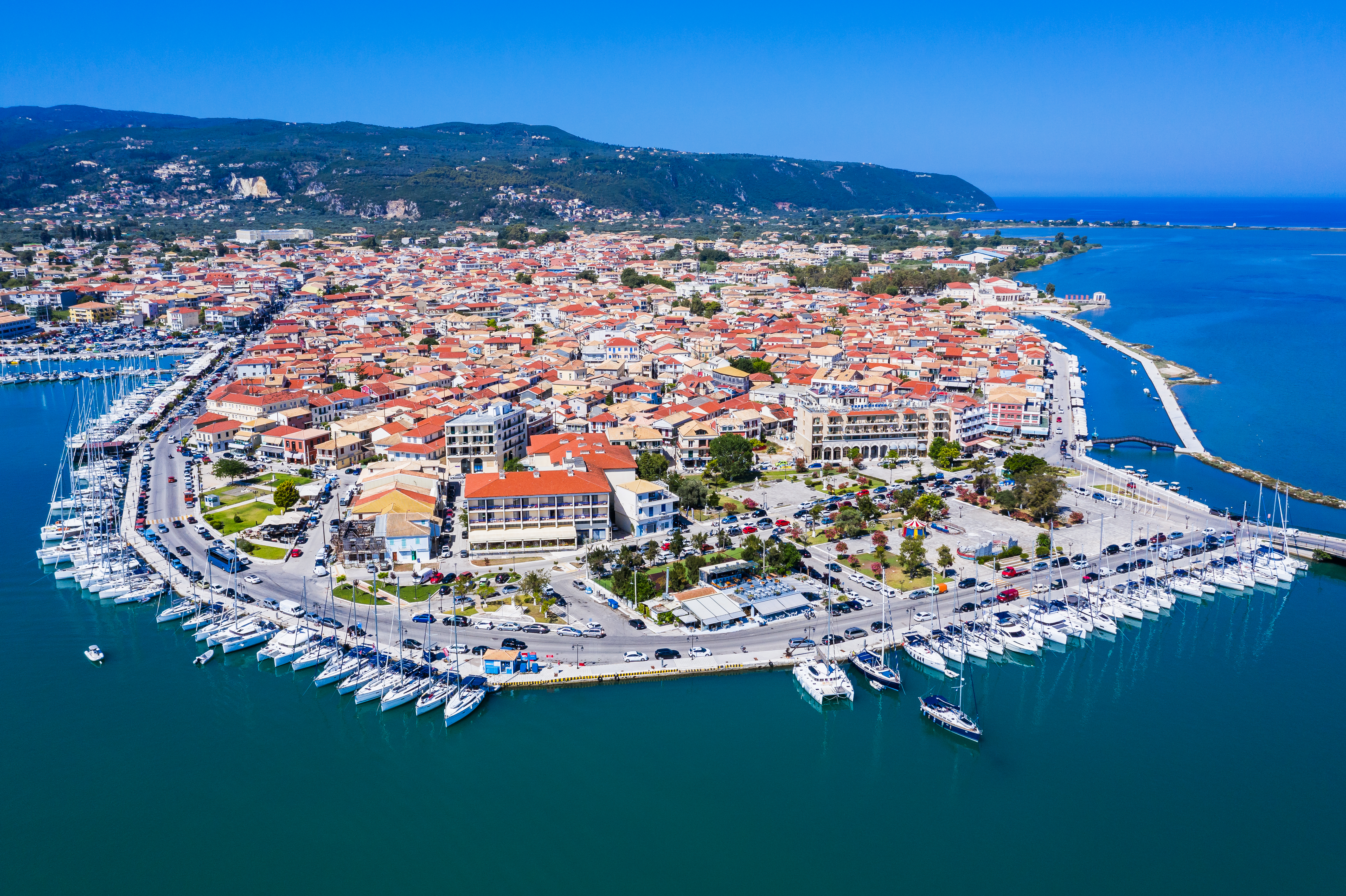 Aerial view of glittering Lefkada city