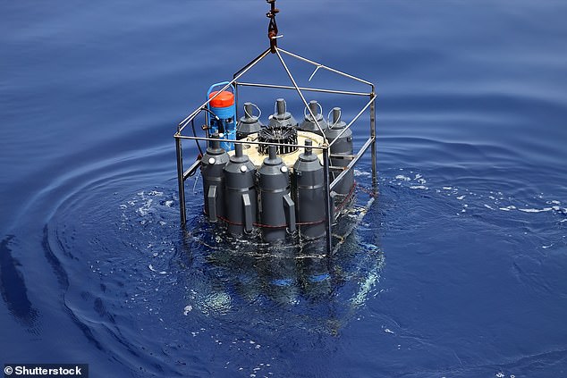 Pictured, a CTD (conductivity, temperature and depth) profiler. This device consists of a set of probes attached to a circular metal frame, which is lowered down through the water via a cable (file photo)