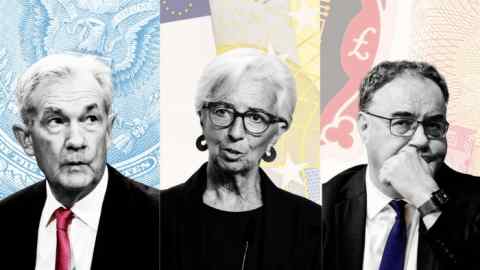 Montage including photos of Jay Powell, Christine Lagarde and Andrew Bailey