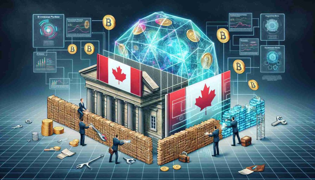 A detailed and realistic image of two entities – symbolically represented as a traditional banking establishment (for Bank of Canada) and a futuristic technology firm (for EvolutionQ Partners). They are working together to reinforce a systems barrier, symbolizing the strengthening of cryptocurrency against quantum threats. The bank is depicted as a stone building with the Canadian flag, while EvolutionQ Partners is shown as an advanced, holographic technological tower. They are both eagerly cooperating, with various tools and diagrams of encryption models floating around them.