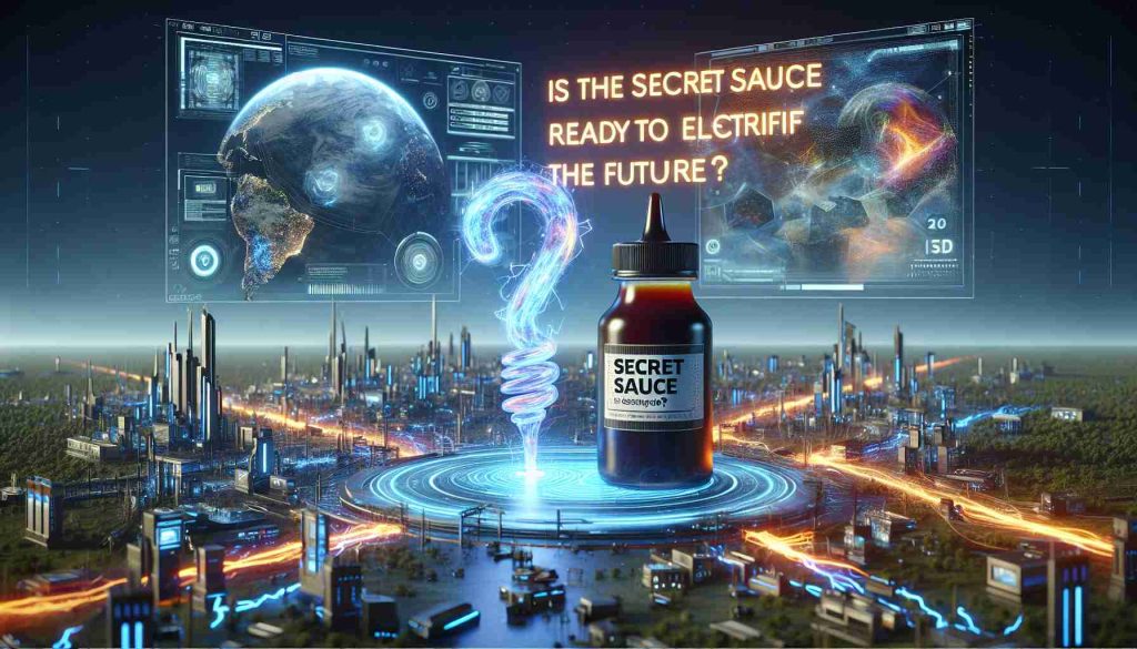A highly detailed and realistic HD image of a striking electric future concept. Depict a digital backdrop showcasing advanced technology and electrified landscapes, indicating major breakthroughs and transformation in energy consumption. At the forefront, show a symbolic sauce bottle, its contents glowing with energy, suggesting the imminent electrification of the future. The label on the bottle should read 'Secret Sauce'. Floating around the scene, in 3D letters, are the words 'Is the Secret Sauce Ready to Electrify the Future?'