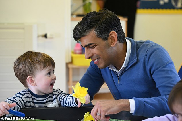 The Prime Minister warned that so-called 'social transitioning', where society treats a gender questioning child like the gender they identify as rather than their biological sex is 'not a neutral act'. Pictured Rishi Sunak visiting a nursery earlier this month
