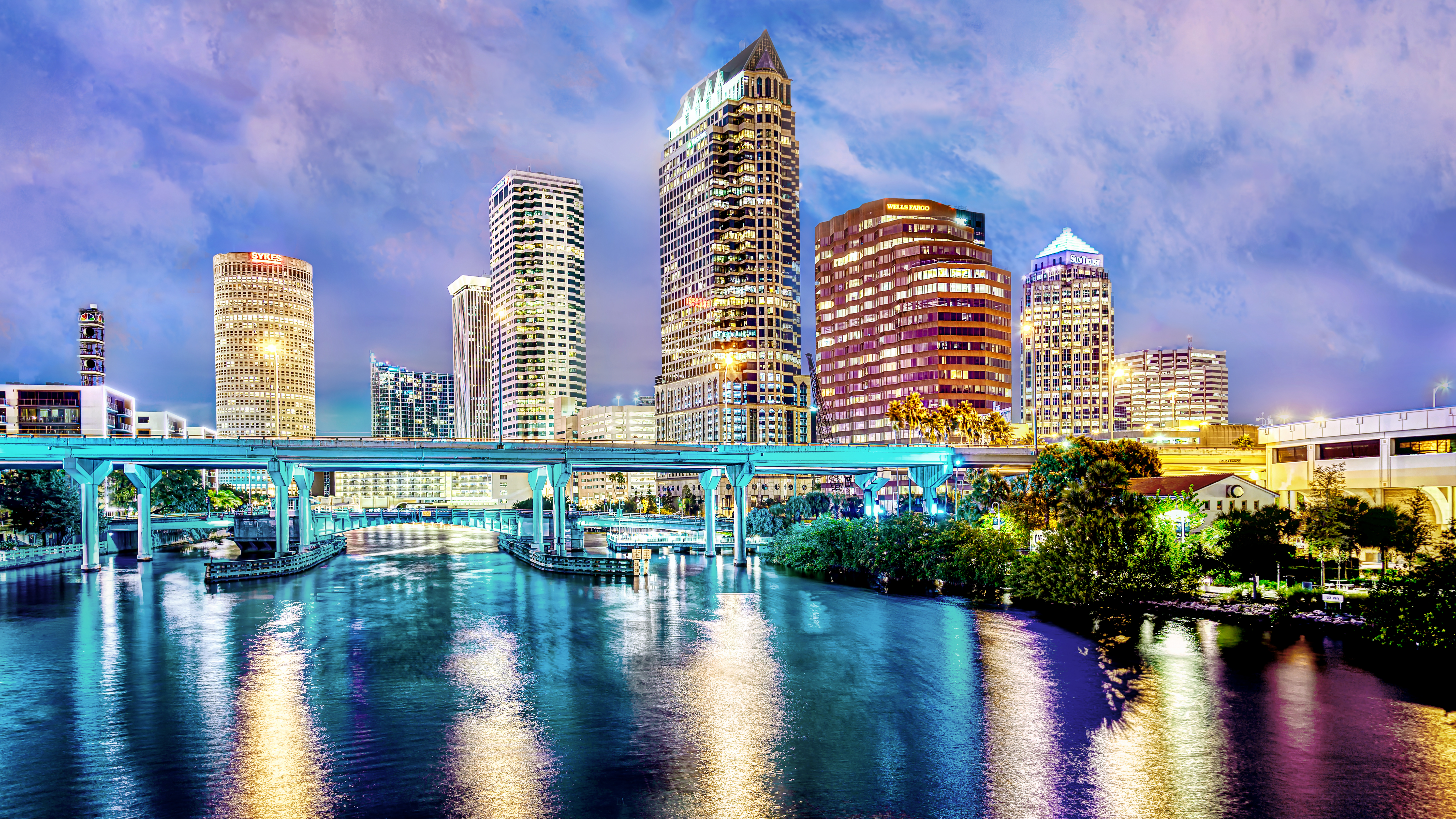 Tampa’s skyscrapers and the colour changing Brorein Bridge sparkle in the night sky