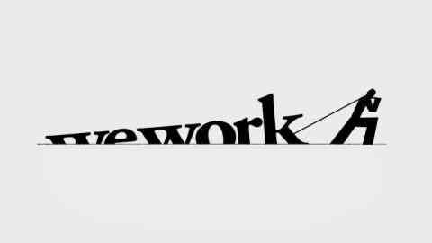 Ben Hickey illustration of a person pulling a logo of WeWork on a string