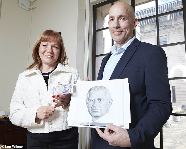 Noted: Engraver Stephen Matthews, top, works with Marc Delorie on the design and, above, with Debbie Marriott, the Bank's chief bank note designer