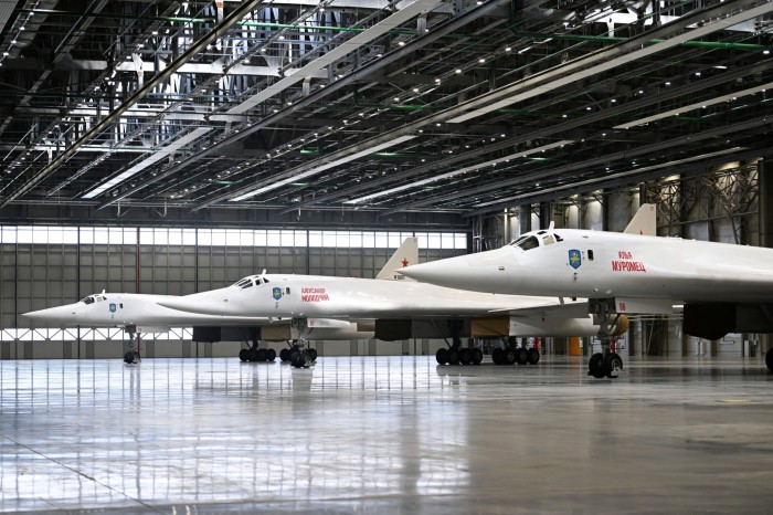 Russian strategic missile carriers in a hanger 